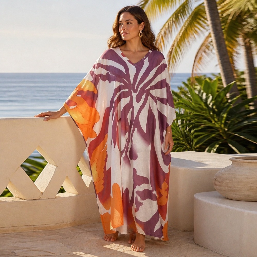 Bonne Journee Medium Abstract Print V-Neck Maxi Caftan Dress Purple Orange